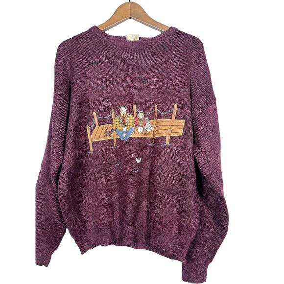 Vintage Angelo LeTrico Dad Sweater Embroidered Fishing Dog Red - 44/46 - Picture 1 of 5